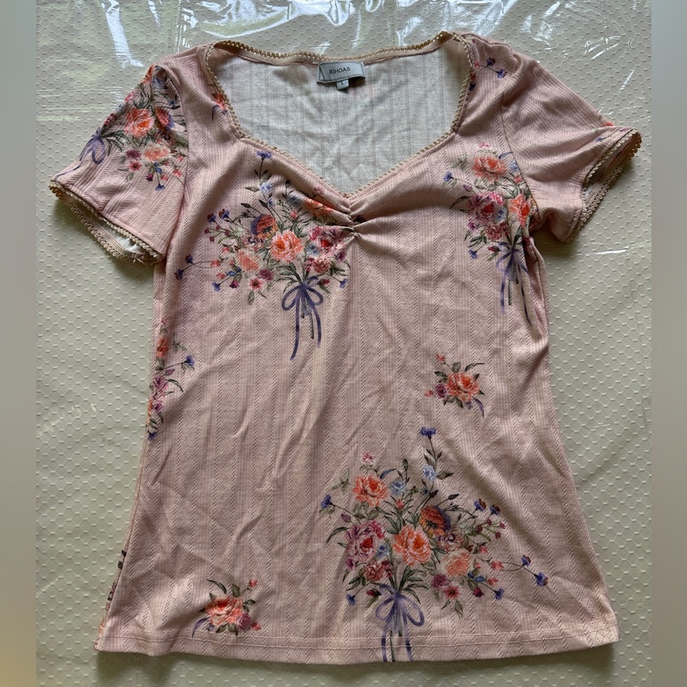 Rihoas Women's Pink floral sweetheart neck cinched short sleeve size Large